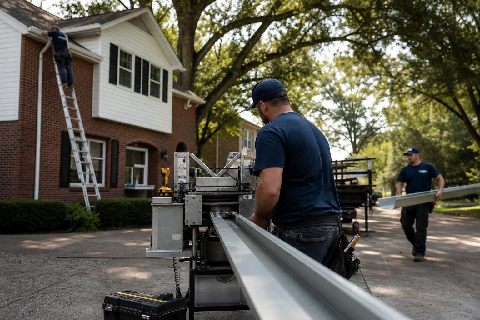 Crew extruding a custom seamless aluminum gutter at the curb of a Chattanooga home