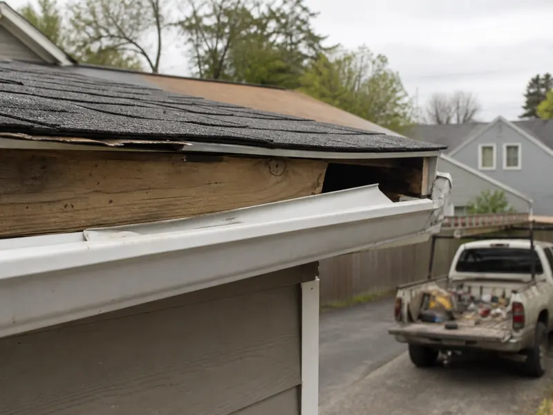 Incomplete gutter hanging off rotten fascia after a cut-rate job