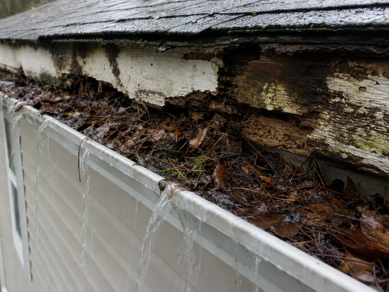 Overflowing gutter with rotting fascia behind the trough
