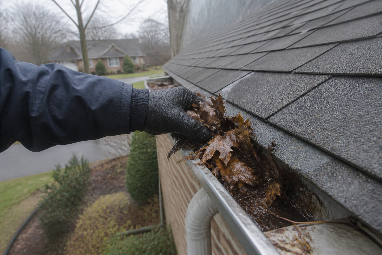 Technician hand-cleaning a packed gutter run