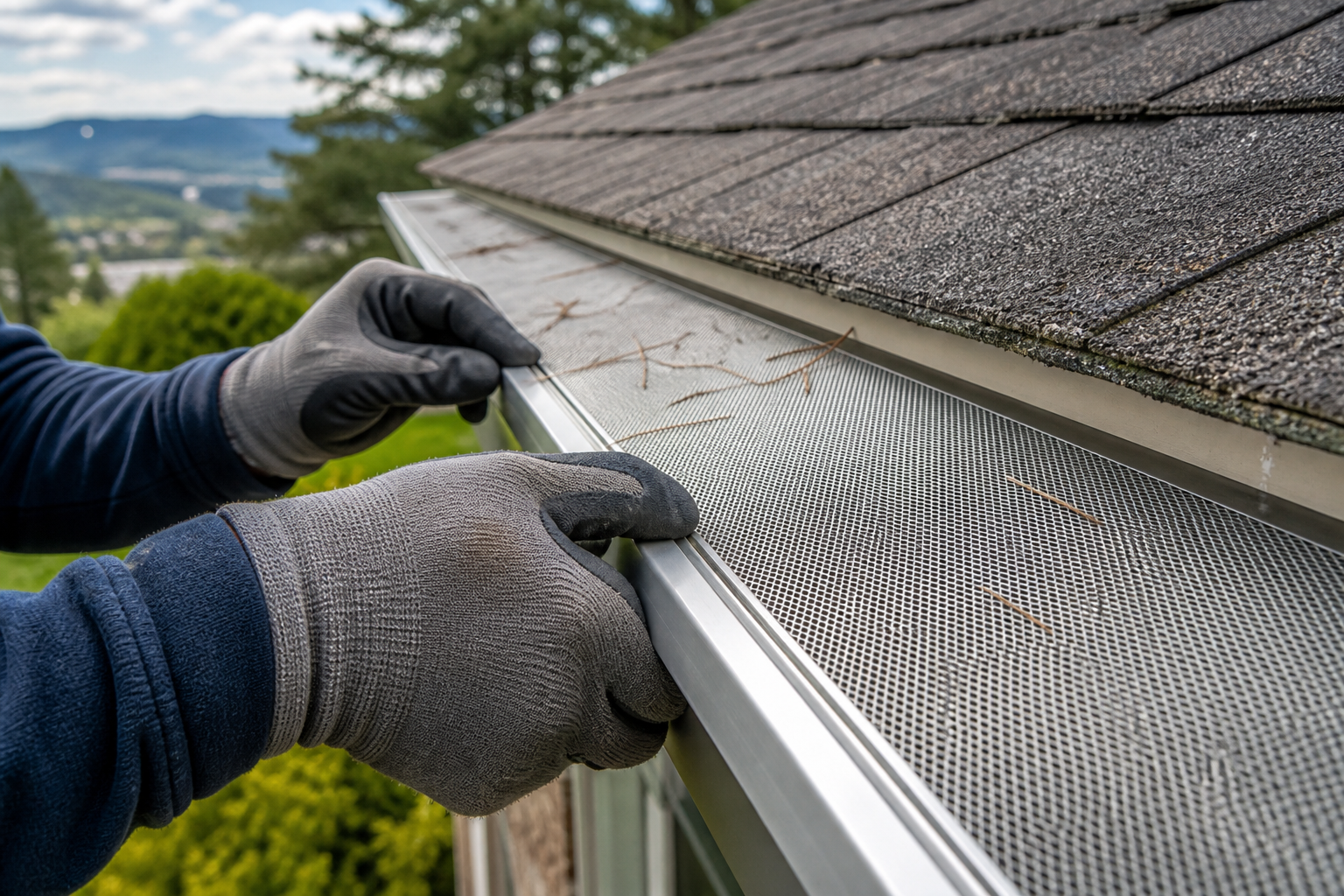 Micro-mesh gutter guard being fitted to a residential run