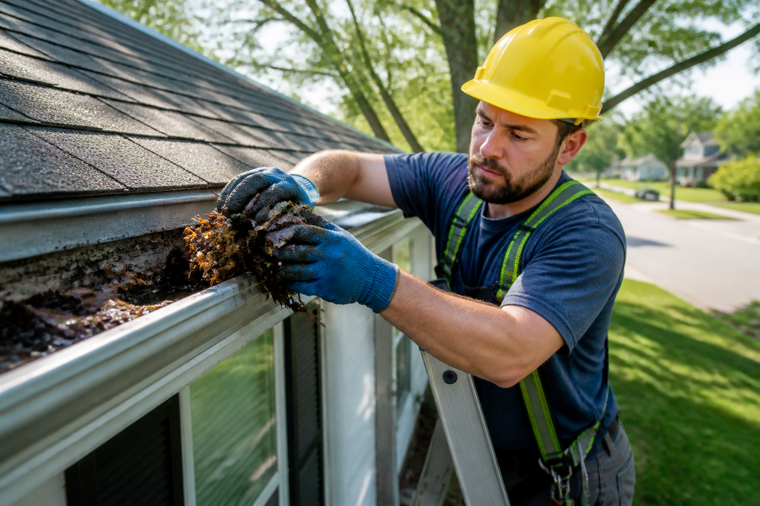 Technician clearing leaves and debris from a residential gutter in Chattanooga