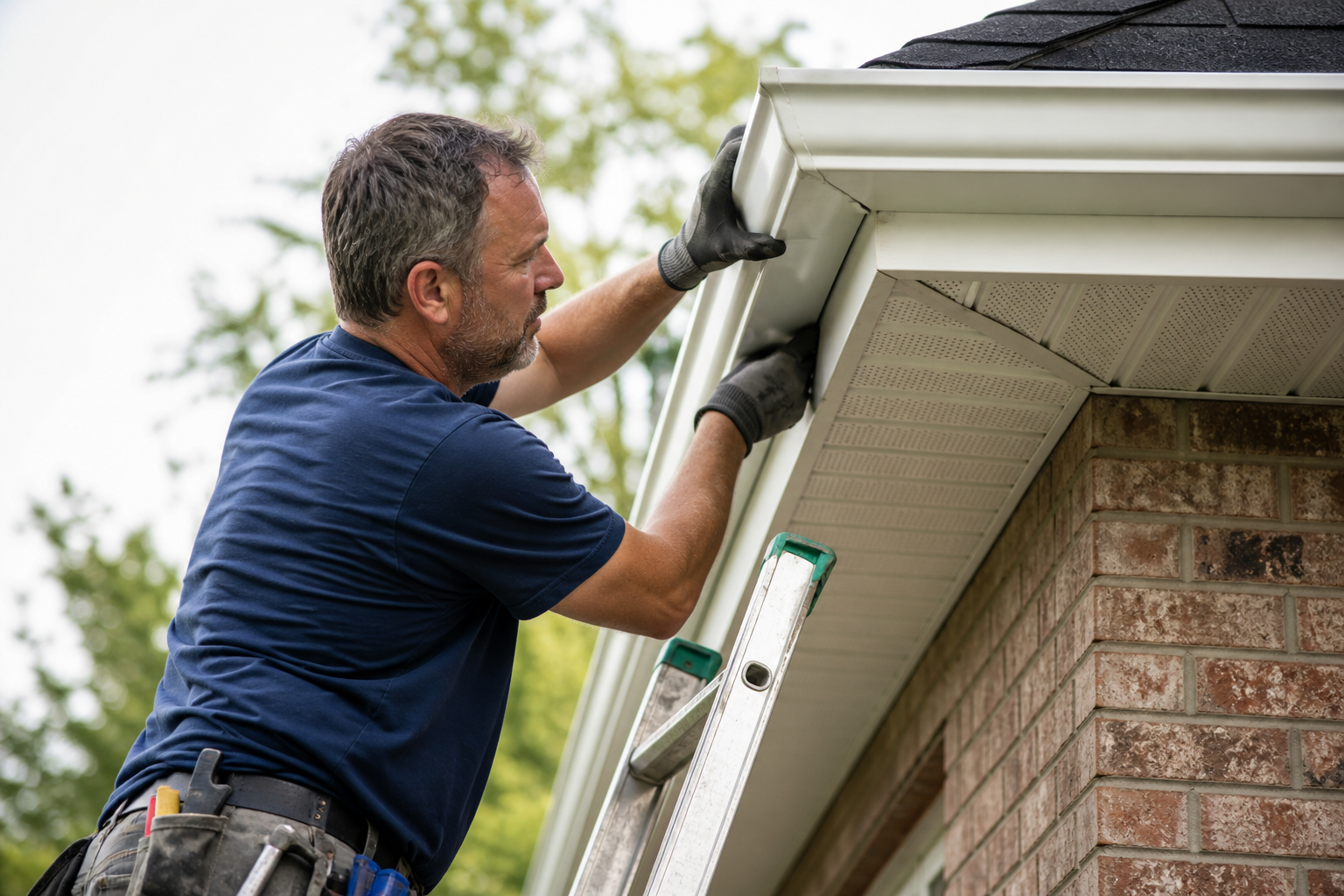 Technician re-hanging and sealing a gutter corner on a Chattanooga home